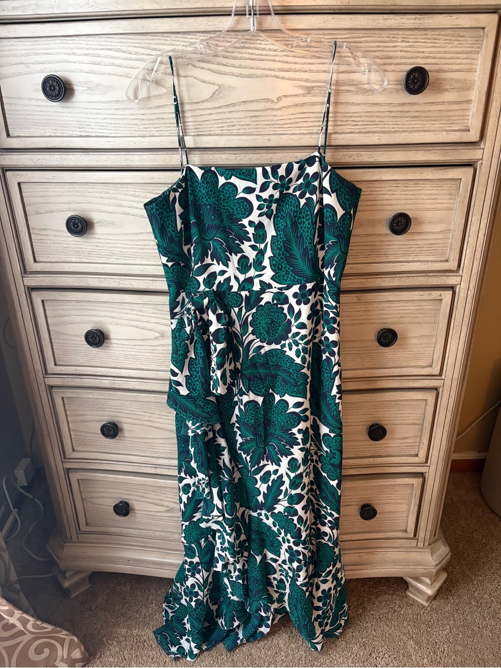 JCrew Green & White Floral Tropical Spaghetti Strap Ruffle Dress